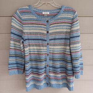 Vintage Christopher & Banks Blue Striped 3/4 Sleeve Sweater. Size Small